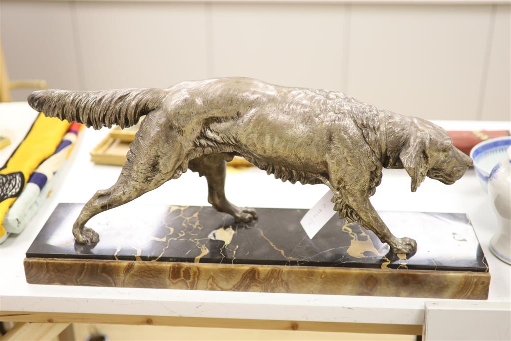 Clovis Edmond Masson. A spelter retriever on marble base, legnth of base 60cm, overall height 26.5cm.